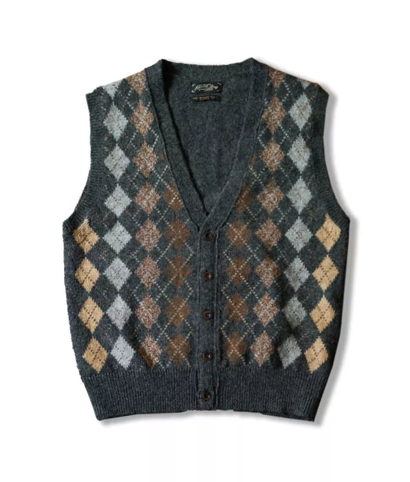 Men's Wool Vest Diamond Regular Fit Ivy British Style Sleeveless Cardigan