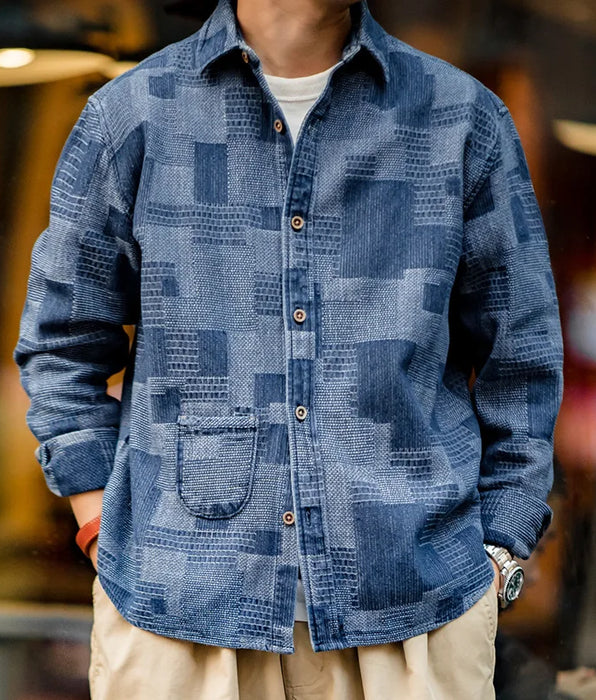 Camisa vaquera retro de tela Boro Baijia con empalme de jacquard - Chaqueta de manga larga para hombre