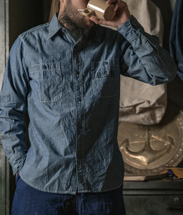 Selvedge Chambray Work Shirt with Long Sleeve - Blue