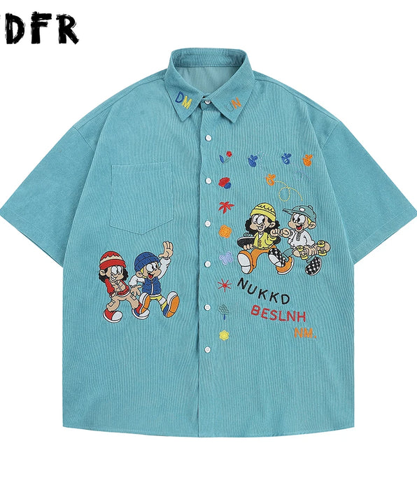 Camisas Cargo con bordado de dibujos animados para hombre, ropa de calle informal Retro de verano, camisas de manga corta con solapa y un solo pecho
