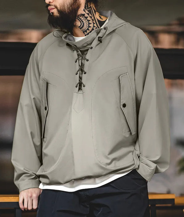 Vintage Hooded Deck Jackets for Men Windbreak Drawstring Hoodies - Oversize Motorcycle Outerwear