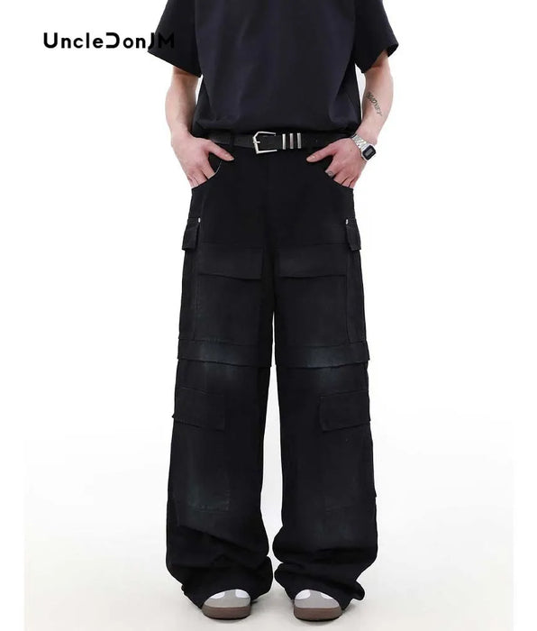 Pantalones cargo de mezclilla negros de industria pesada - Jeans de pierna ancha con múltiples bolsillos para hombre