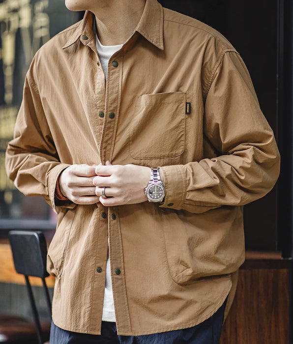 Men's Waterproof Shirt Casual Loose Turn-down Collar Long Sleeved Shirts with Multiple Pockets