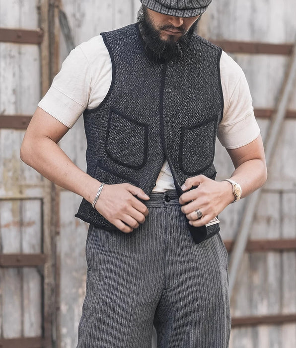 Vintage Salt & Pepper Woolen Waistcoat - Beach Cloth Early Vest