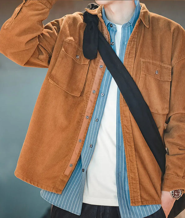 Japanese Retro Loose Corduroy Lapel Jacket with Outer Pocket