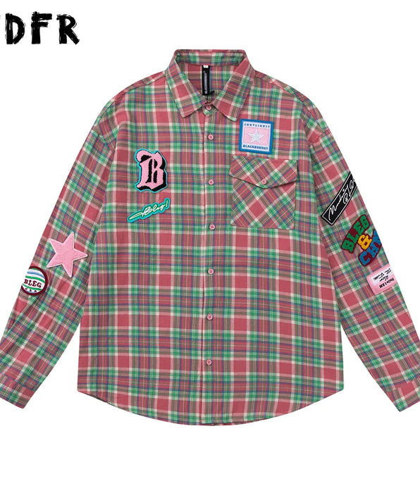 Mens Retro Casual Plaid Shirt with Patch Embroidery and Single Breasted Closure