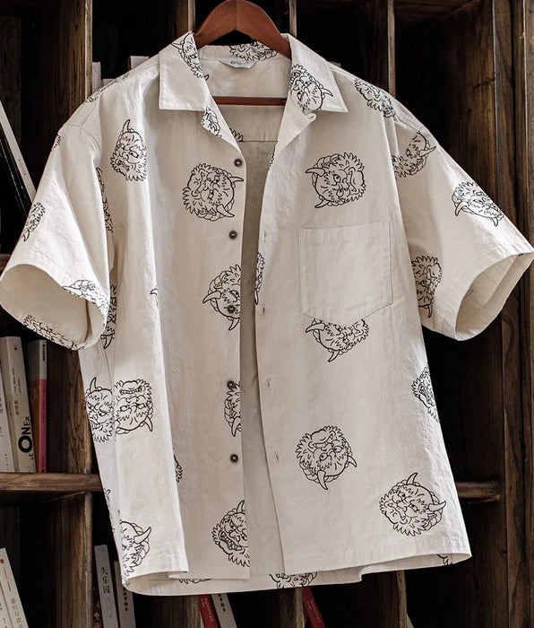 Men's Japanese Vintage Linen Sense Print Shirts - 100% Cotton Short Sleeve Workwear Tops
