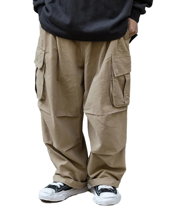 Solid Color Safari Style Cargo Pants - Pleated Loose Straight-leg