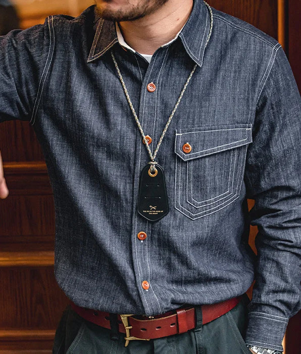 Camisa vaquera de manga larga con diseño vintage para hombre con base de camisa Amekaji - Color sólido