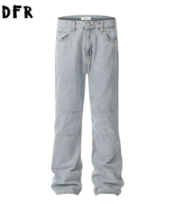 Simple Spliced Straight Jeans - Washed Distressed Streetwear Loose Denim Pants