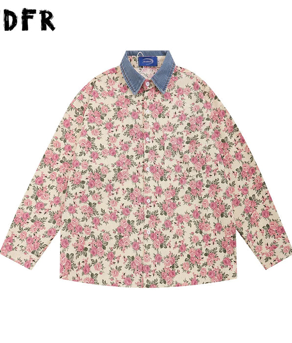 Camisas de manga larga con estampado de flores para hombre solapa empalmada otoño suelta Casual Retro camisas de un solo pecho hombres