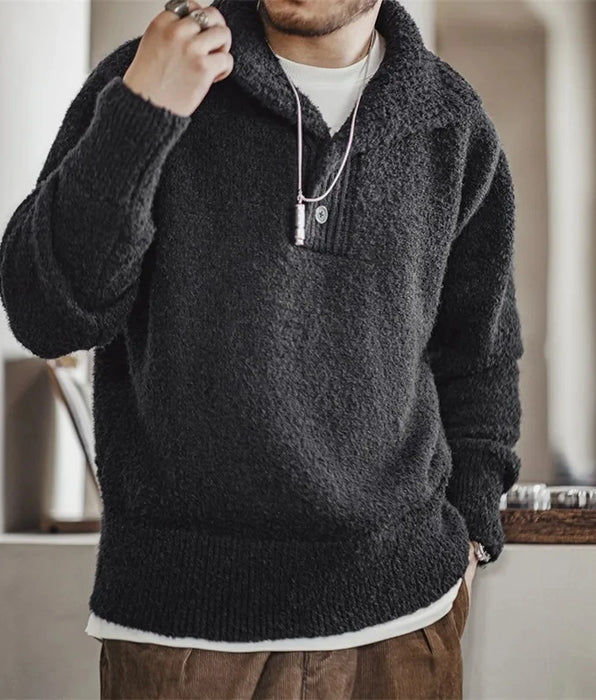 Retro Polo Sweater Heavy Loop Yarn Men's Black Warm Thick Jumper