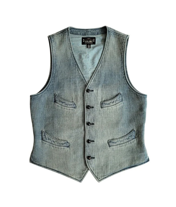 Men's Washed Blue Sashiko Vest - Elegant Style Vintage Waistcoat