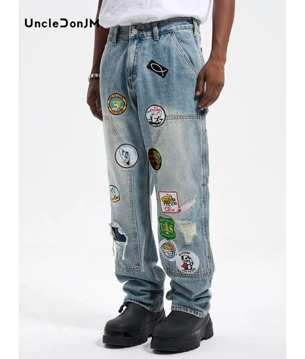 Jeans Casuales De Mezclilla Retro Con Insignia De Parche Para Hombres - Estilo Streetwear Y2k