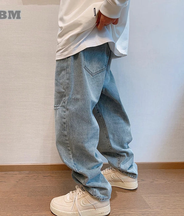Korean Ripped Baggy Jeans Men Clothing Straight-Leg Denim Cargo Pants