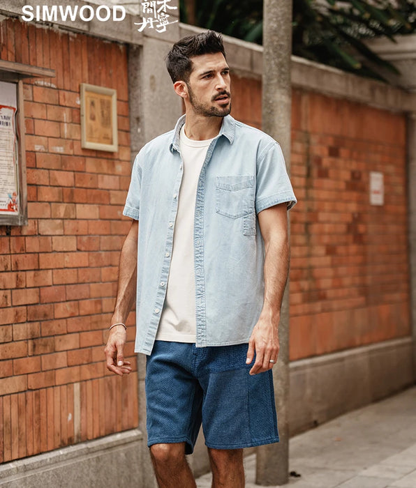 High Standard Series Oversize Short Sleeve Washed Denim Shirts with Embroidery Logo