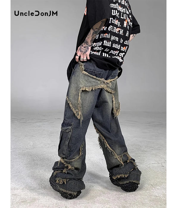 Vintage Baggy Jeans Star Patchwork Loose Straight Denim Pants - Men Streetwear