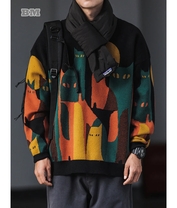 Korean Streetwear Sweater Men Color Matching Crew Neck Pullovers