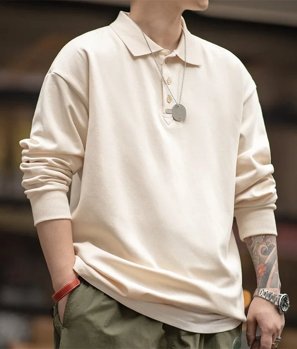 Vintage Oversize Polo Shirts for Men - Business Casual Solid Color Long Sleeve T-shirt