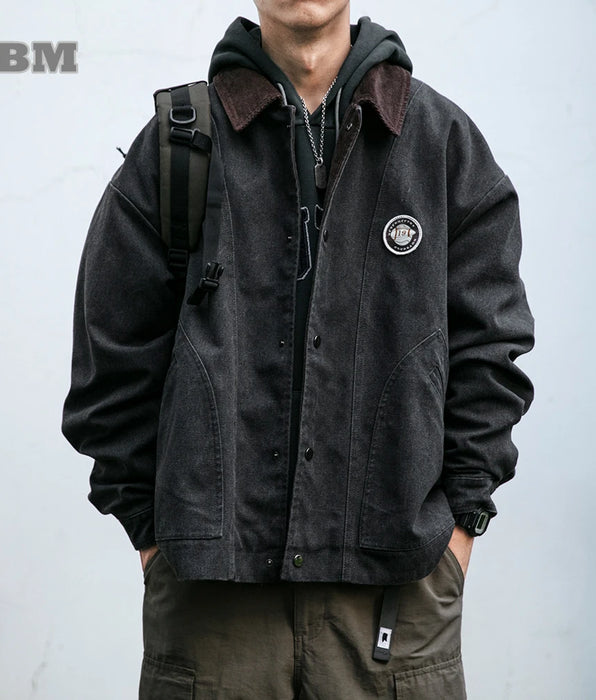 Chaqueta cargo vintage para hombre - Abrigo casual de alta calidad - Tendencia de ropa urbana japonesa - Top de solapa