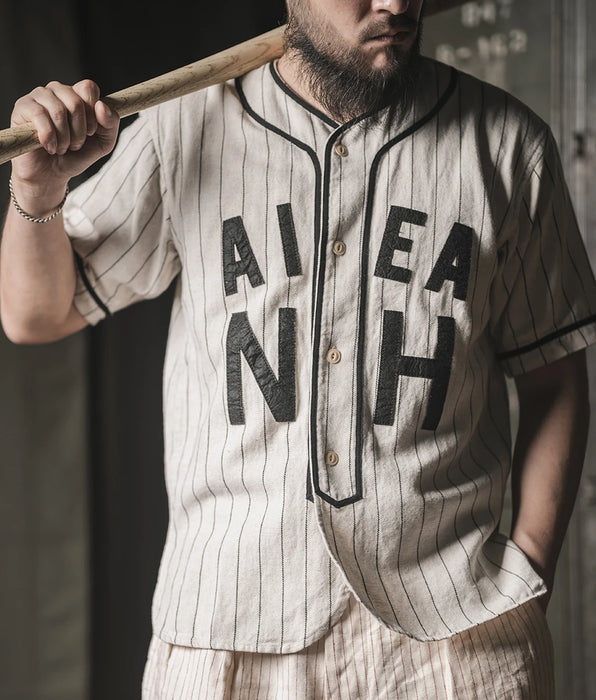 Uniforme retro de jersey de béisbol de lino y algodón a rayas para hombre