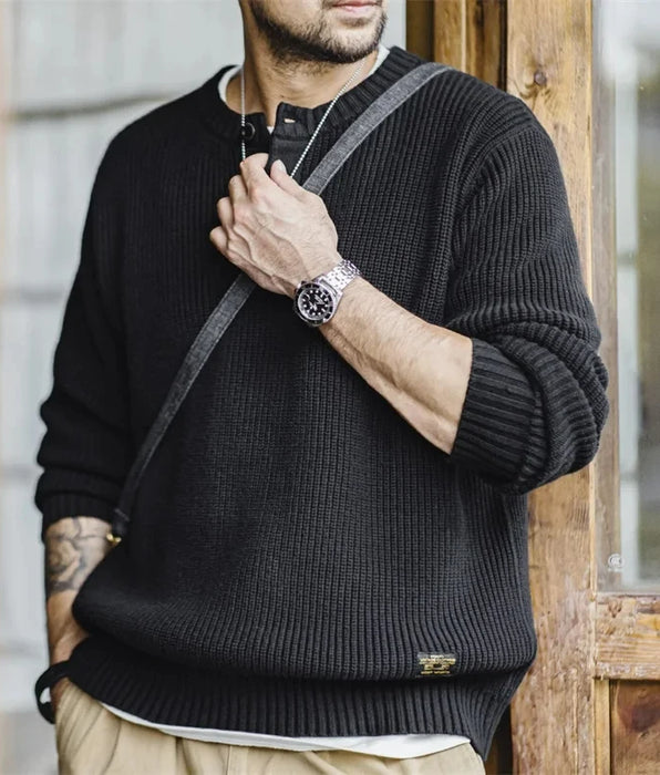 Retro Black Knitted Henley Shirt Vertical Stripe Pullover Sweater for Men