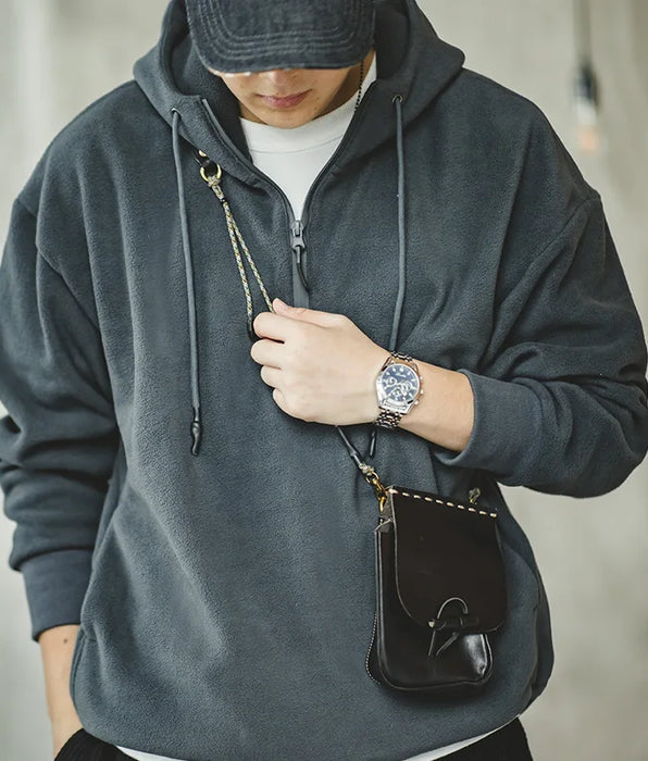 Vintage Half Zip Fleece Hoodie - Dark Grey Warm Padded Sweatshirt