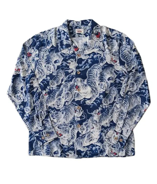 Camisa hawaiana con estampado de tigre para hombre - Manga larga, estilo japonés