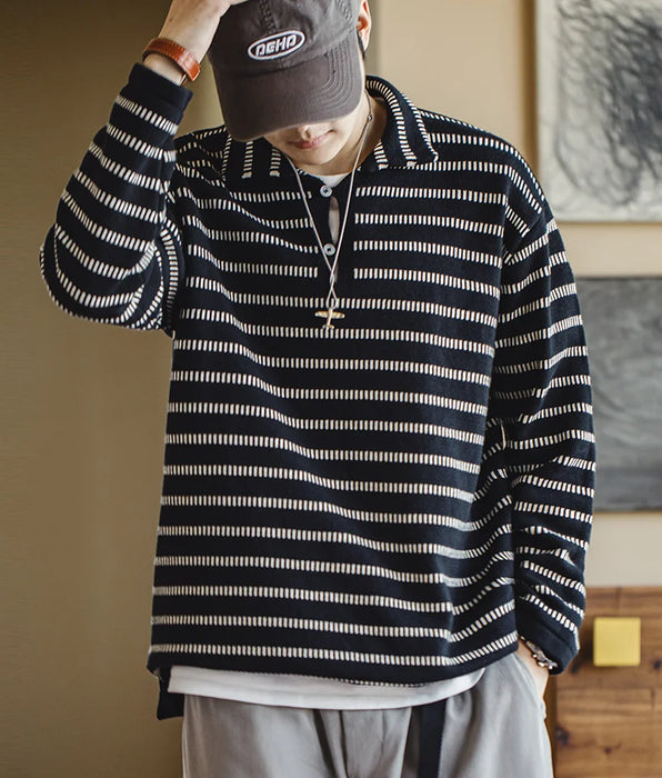 Knitted Striped Polo Sweater with Lapel - Men's Casual Color Collision Jumper