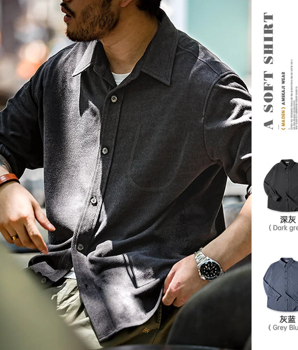 Casual Solid Color Lapel Shirt with Front Shoulder Fold and Long Sleeves