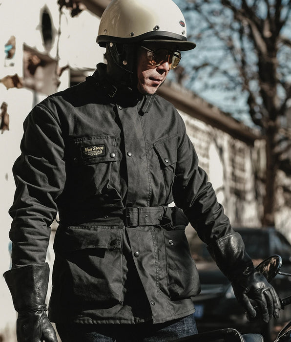 Vintage Waxed Motorcycle Jacket Men's Coat - Belted Mid-Length