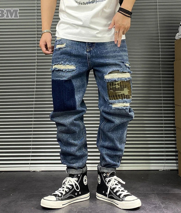 Streetwear Ripped Patch Jeans - Casual Straight Cargo Pants