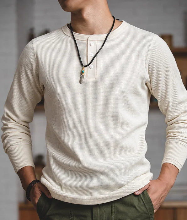 Vintage Waffle Henry Shirt - Suéter sólido de manga larga para hombre