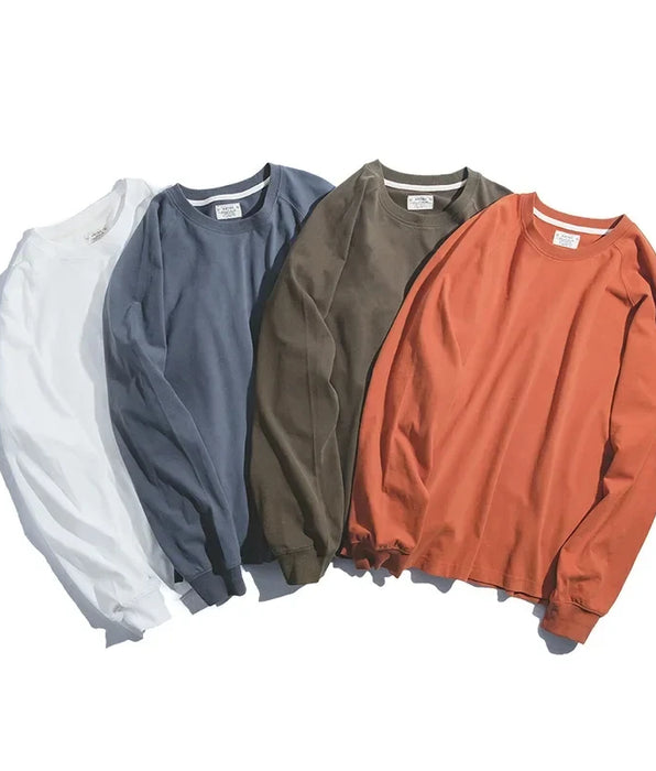 Camiseta de manga larga vintage informal universitaria de algodón retro - Color sólido