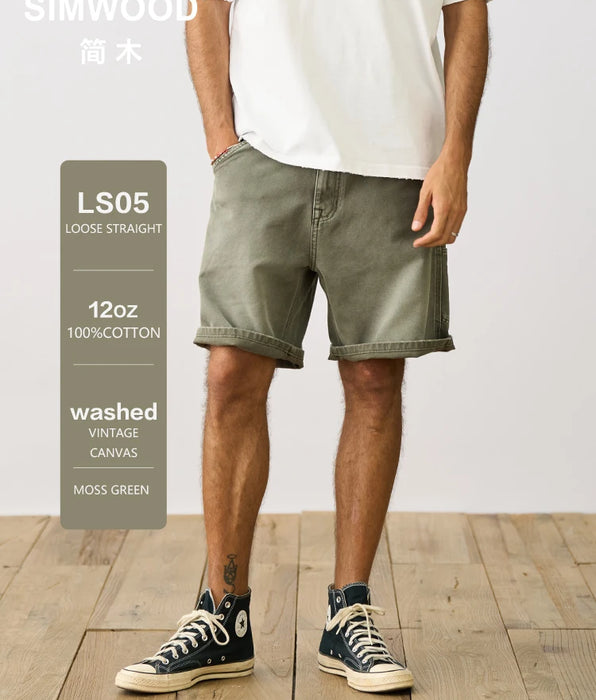 Pantalones cortos sueltos rectos de tela de lona de algodón 100% de 15 oz - Estilo vintage para hombres