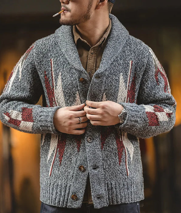 Vintage Geometric Pattern Knitted Cardigan Sweater for Men - Oversized V-neck