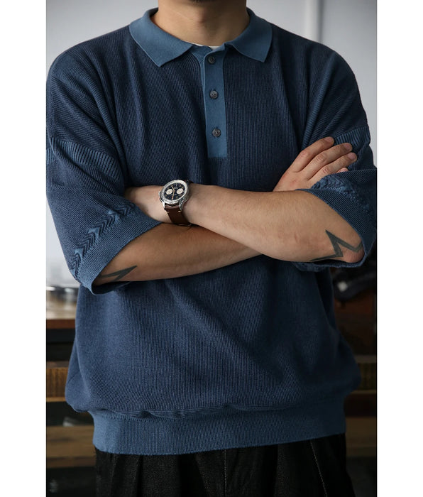 Vintage Style Men's Knitted Drop Shoulder Polo Shirt - Short Sleeve Tee