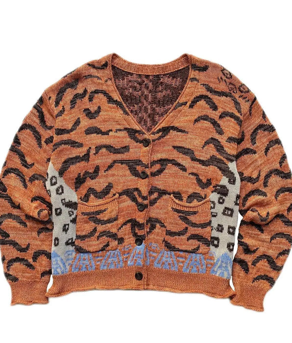 Cárdigan de punto con cuello en V, suéteres con estampado de leopardo y tigre informal Vintage japonés