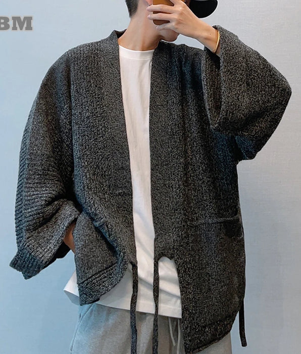 Japanese Streetwear Oversize Cardigan For Men - Casual Drop Shoulder Knitted Sweater Loose Coat