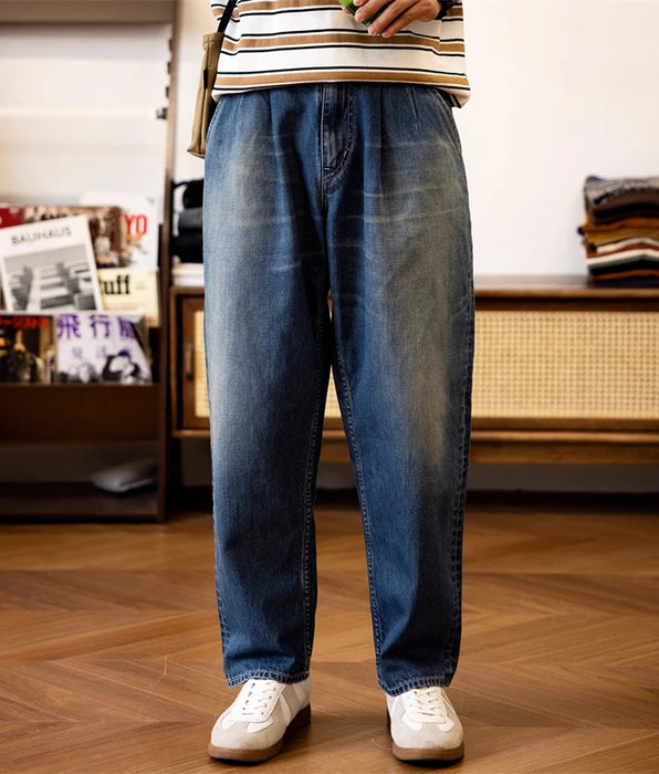 Vintage Style Dark Fade Denim Two Tuck Wide Tapered Pants