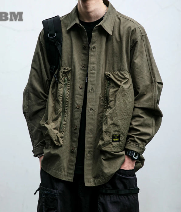 Japanese Streetwear Zipper Pocket Cargo Shirt - Casual Long Sleeve