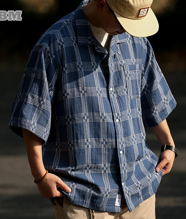 Vintage Plaid Short Sleeve Shirt Men's Streetwear Oversize Tops