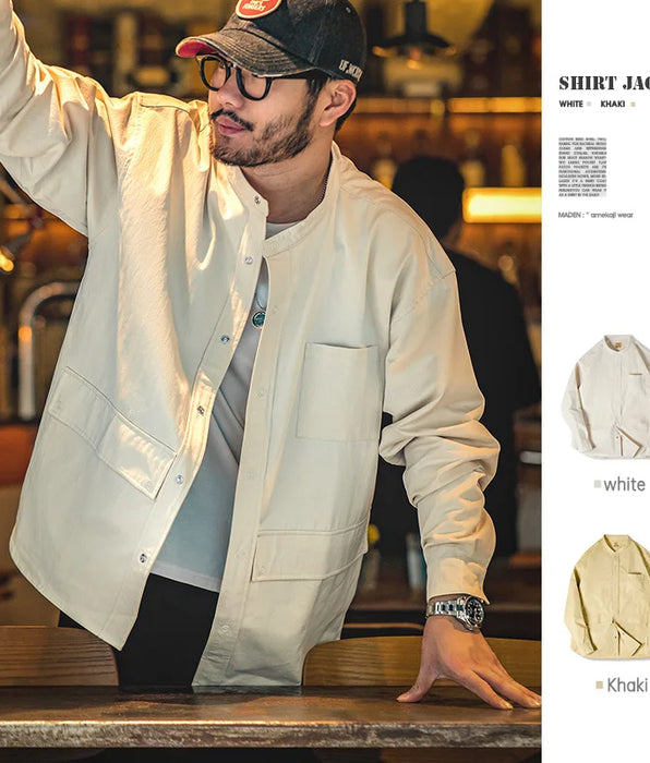 Vintage Cotton Shirt Jackets for Men - Casual Long Sleeve Pocket Shirts Outwear