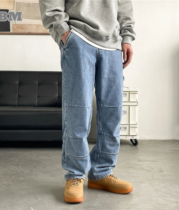 Pantalones vaqueros cargo desgastados de sarga de ropa de calle japonesa para hombres - Pantalones de mezclilla casuales