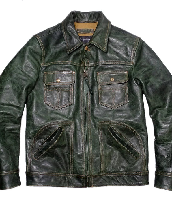 Men's Horsehide Leather Jacket Short Slim Stiff Green Classic Cowboy Coat