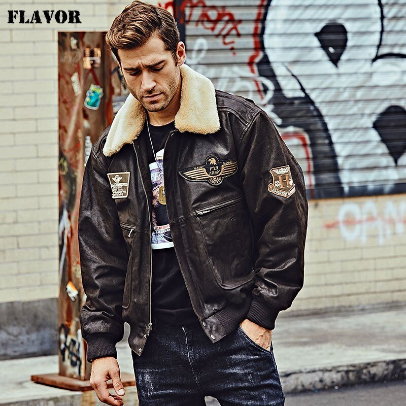 FLAVOR - FLAVOR - Mens Real Leather Bomber Jacket with Removable Fur Collar Genuine Leather Pigskin Jackets Warm Coat Men - Givin