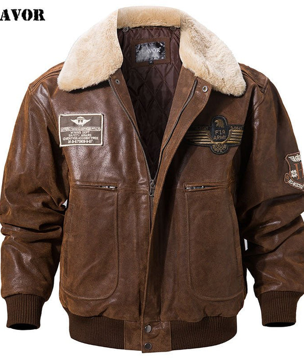 FLAVOR - FLAVOR - Mens Real Leather Bomber Jacket with Removable Fur Collar Genuine Leather Pigskin Jackets Warm Coat Men - Givin