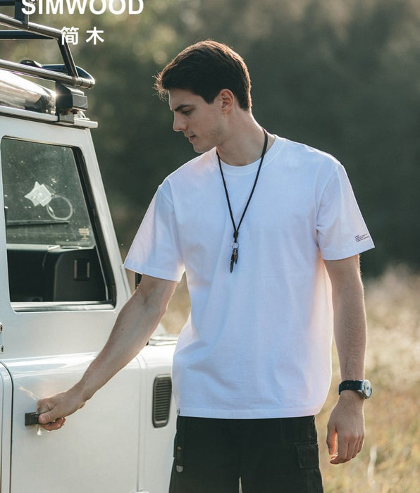Simwood - Simwood - 250g 100% Cotton Fabric T-shirt Men High Quality Solid Color Drop Sleeve Loose Tshirts Oversize Tops - Givin