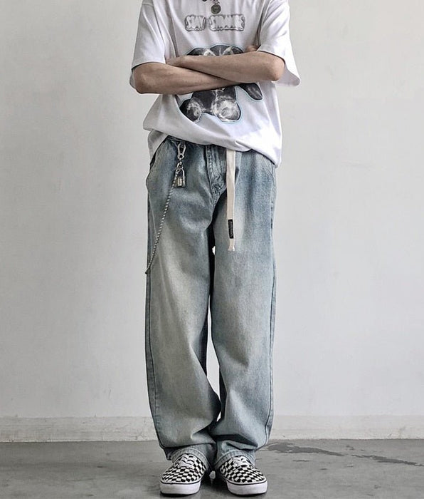 Sycpman - Sycpman - Loose Jeans Mens Floor Dragging Trousers Light Color Straight Tube Washed Retro Made Trendy Brand Youth PANTS Wide Leg - Givin