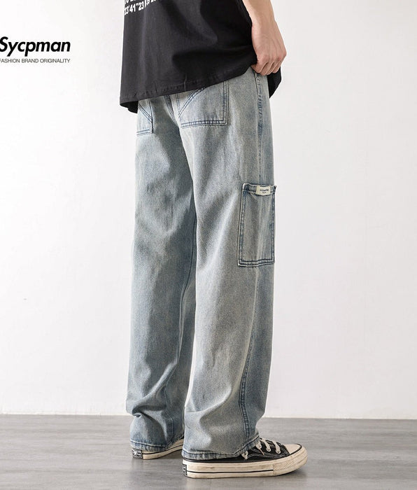 Sycpman - Sycpman - Loose Street Style Straight Cargo Pants Jeans Men Brand Wide Leg Overalls Retro Trend Leisure Youth Denim Baggy - Givin